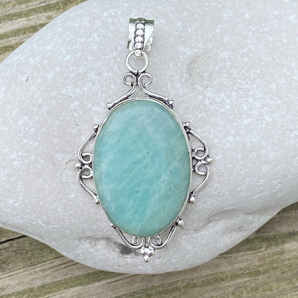 Large Genuine Amazonite pendant .925 Sterling Silver large natural Amazonite - Picture 4 of 9